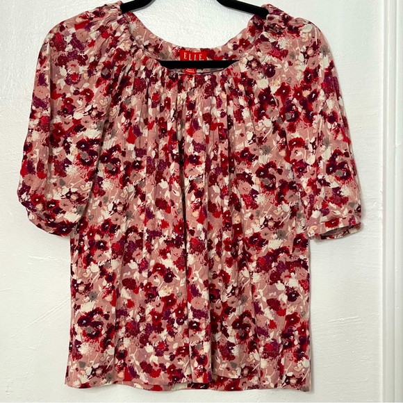 ELLE Women's Multi Floral Knit Short Sleeved Top, Rich Shades of Pink and Beige - Picture 1 of 5